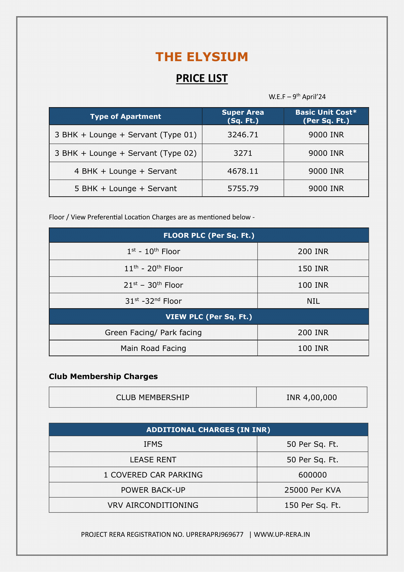 The Elysium Home Price List